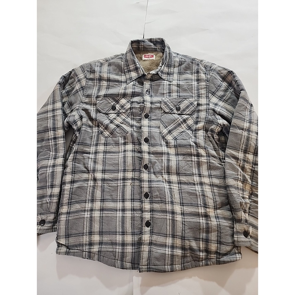 Wrangler Shacket Shirt Men's Sz Med Gray Plaid Sherpa Lined Long Sleeve